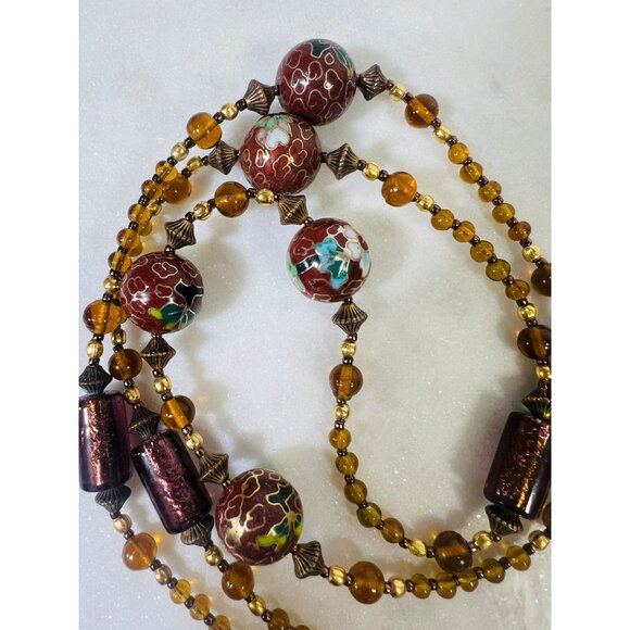 Vtg Artisan Cloisonné Beaded Necklace Amethyst Glass Toggle Clasp Cherry Blossom - Picture 2 of 10